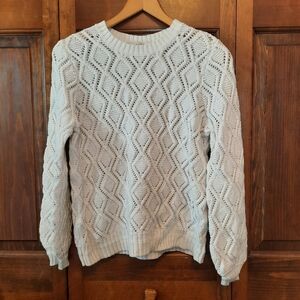 🛍 Loft Cotton Blend White Chunky Cable Knit Crewneck Sweater Size Large Petite